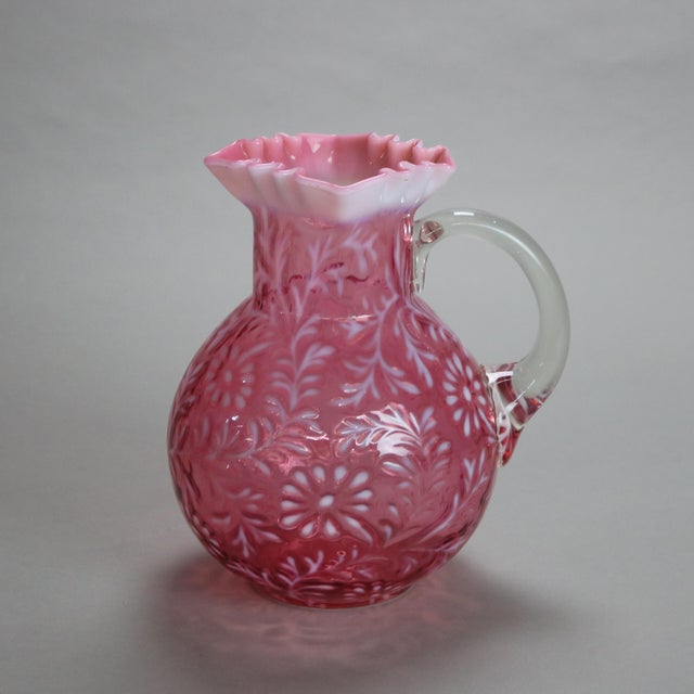 Antique Victorian Cranberry and Opalescent Glass Pitcher with Ruffled ...