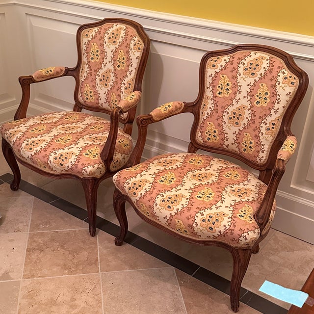 Pair Antique Fauteuils with English Upholstery Petite scale with a lot of charm. In excellent condition and a great pair...
