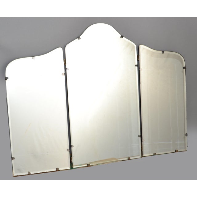1930s French Art Deco arched 3 Panel beveled Mantel, Vanity, Dresser or Wall Mirror. The Panel Mirror features 3 Panels of...