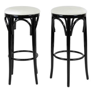 Art Deco Stools in Lacquered Wood and White Leather, Italy, 1970s, Set of 2 For Sale