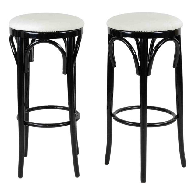 Art Deco Stools in Lacquered Wood and White Leather, Italy, 1970s, Set of 2 For Sale