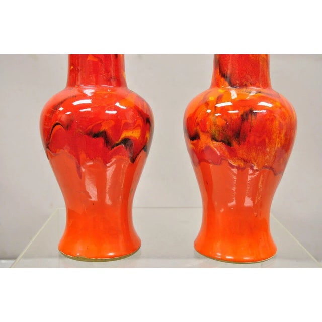 Red Pair of Vintage Red Lava Drip Glazed Mid Century Modern Ceramic Pottery Vessel Vase For Sale - Image 8 of 11