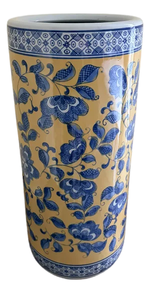 Vintage Chinoiserie Blue and Yellow Porcelain Umbrella Stand
