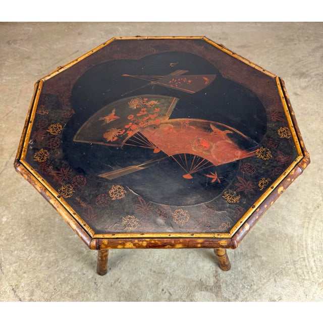 Chinoiserie Late 19th Century English Chinoiserie Scorched Bamboo Hand Painted Octagonal Side / Occasional Table For Sale - Image 3 of 12