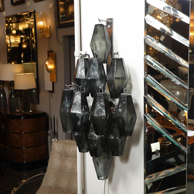 Pair of Modernist Smoked Gray Murano Glass Diamond-Form Polyhedral Wall Sconces For Sale - Image 17 of 18
