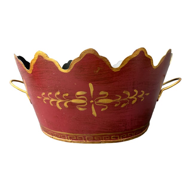 Vintage Maroon Gold Hand Painted French Tole Cachepot For Sale