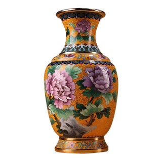 Vintage Chinese Gilt Cloisonné Peony Vase (Jingtai Lan) - 1300g For Sale