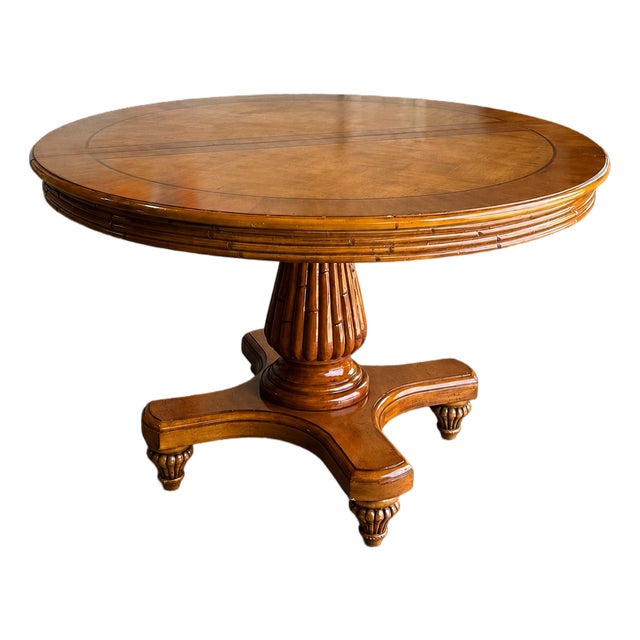 Vintage Burl Wood Round Pedestal Dining Table With Inlaid Top For Sale