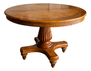 Vintage Burl Wood Round Pedestal Dining Table With Inlaid Top