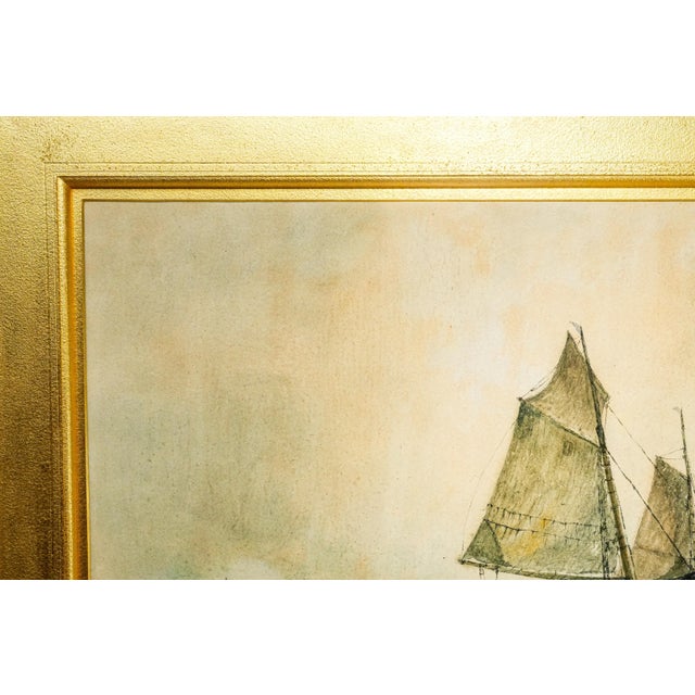 Lovely Large Gold Gilt Frame Antique Victorian Maritime Watercolor Painting Fishing Sailboat Ocean Wall Home Decor Nautical Art For Sale - Image 16 of 18