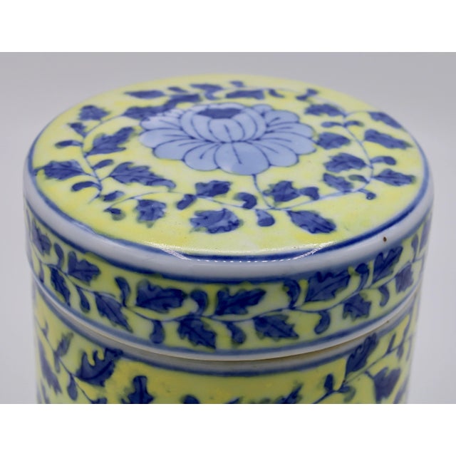 Ceramic Mid-20th Century Canary Yellow and Blue Porcelain Lidded Jar For Sale - Image 7 of 13