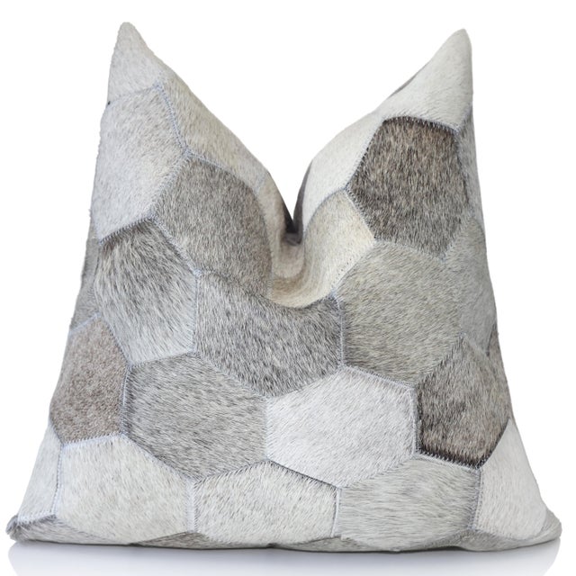 Farmhouse Luxury Hexagon Genuine Hair-on Cowhide Pillow 18x18 | Handmade For Sale - Image 3 of 6