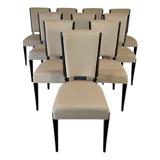 Vintage French Dining Chairs in Black Lacquer and Beige Velvet, 1980s, Set of 10 For Sale