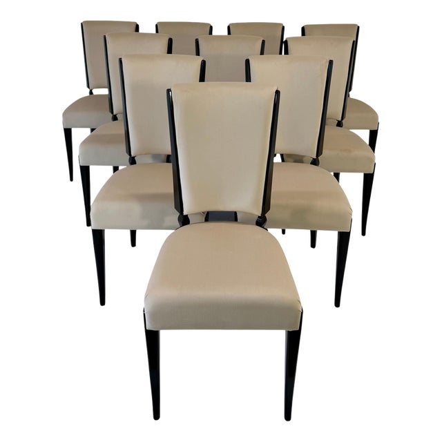 Vintage French Dining Chairs in Black Lacquer and Beige Velvet, 1980s, Set of 10 For Sale