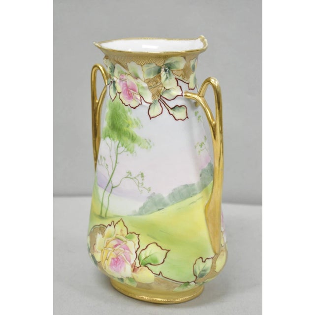 Antique Nippon Hand Painted Porcelain Twin Handle Vase W /Flowers & Lake Scene For Sale - Image 11 of 15