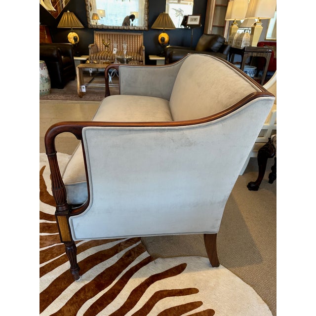 Newly Upholstered Mahogany & Grey Velvet Settees Loveseats -a Pair For Sale - Image 4 of 14