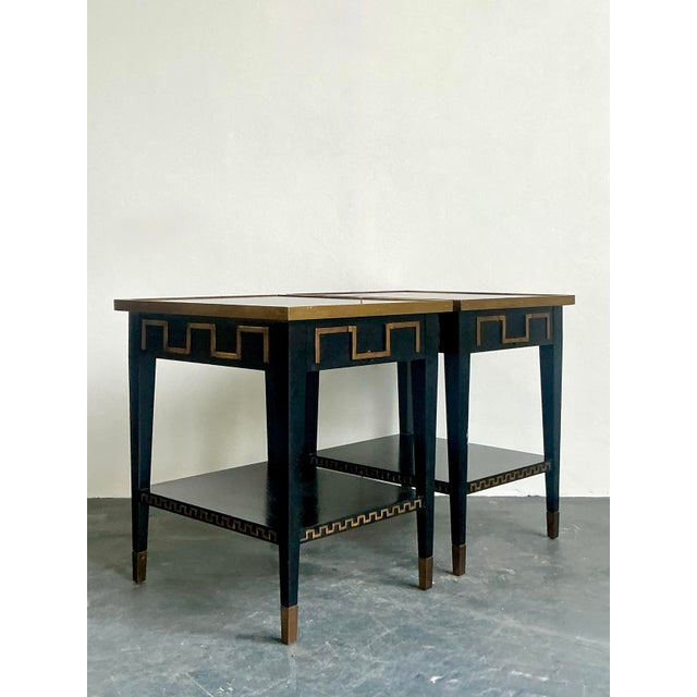 Vintage Regency Greek Key Brass Trim Side Tables - A Pair For Sale - Image 11 of 11