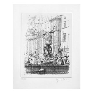 Giuseppe Malandrino, Fountain of the Triton-Piazza Navona, 1970s, Etching For Sale