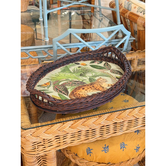 Vintage Hand Painted & Decoupaged Rattan Leopard Oval Serving Tray For Sale - Image 11 of 11