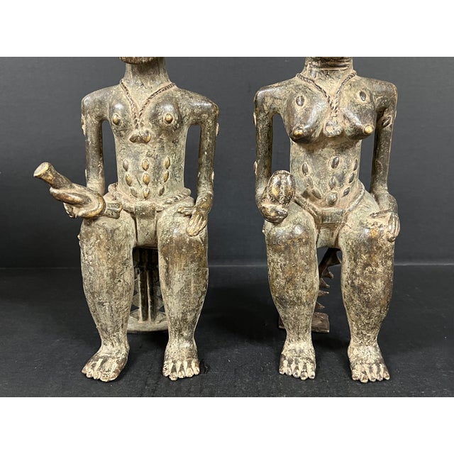 Pair of African Tribal Art Benin Bronze Royal Statue For Sale - Image 4 of 11