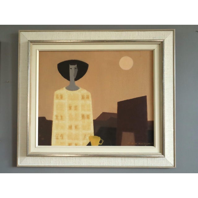 MOONRISE WITH A YELLOW CUP Size: 21.5 x 24.6 inches (including frame) Oil on canvas A quiet and introspective mid-century...