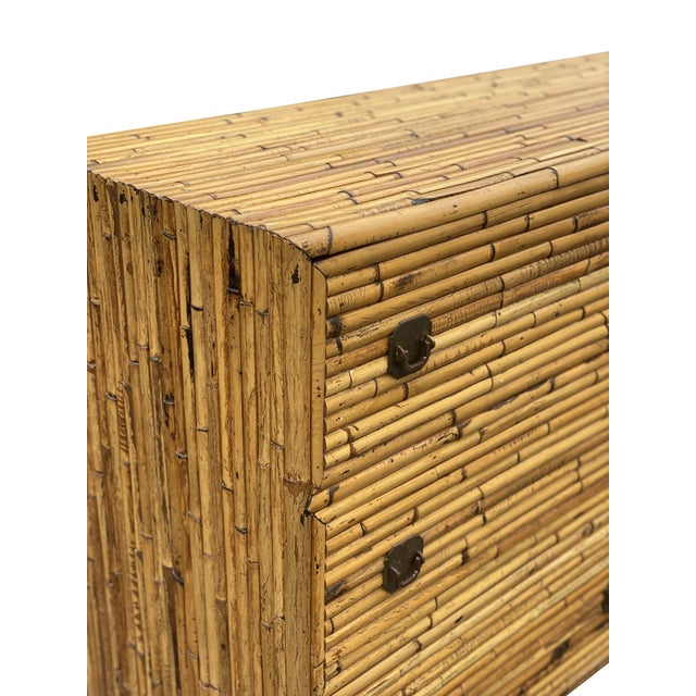 1970s bamboo and brass campaign dresser in exceptional condition. Really striking and well made piece. We left the brass...