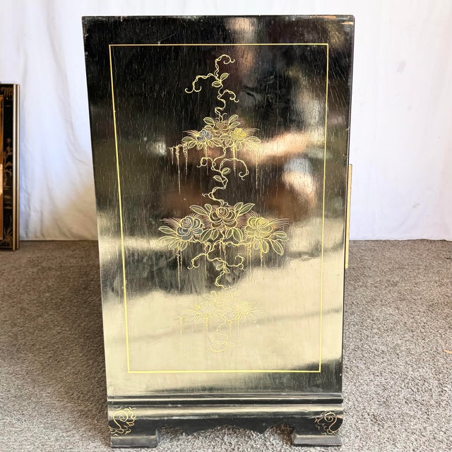 Vintage Chinese Black and Gold Hand Painted Dresser With Mirrors - 3 Pieces For Sale - Image 10 of 12