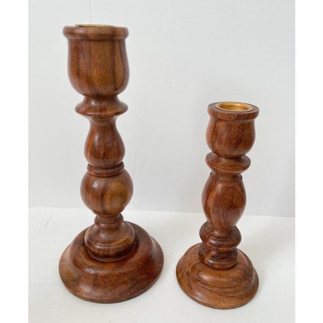 Wood Vintage Turned Polished Wood Candlleholders, Assorted Sizes. Set of Seven For Sale - Image 7 of 8