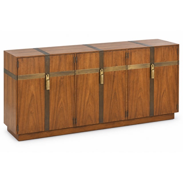 Mid-Century Modern Brass Bound Walnut Credenza / Sideboard by Heritage For Sale