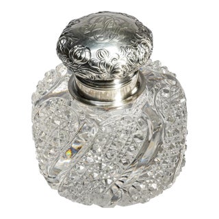 Magnificent Large Paperweight Style Cut Crystal Antique Victorian Sterling Silver Desk Inkwell Home Decor For Sale