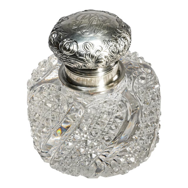 Magnificent Large Paperweight Style Cut Crystal Antique Victorian Sterling Silver Desk Inkwell Home Decor For Sale