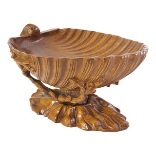 Large Hand-Carved Olive Wood Clam Shell Bowl, Italy, 1930s For Sale