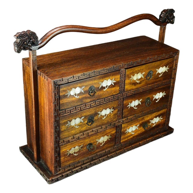1980s Huanghuali Six-Drawer Chest / Vanity Organizer With Mother-of-Pearl Inlay For Sale
