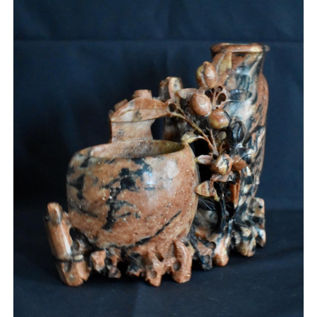 Antique Chinese Carved Soapstone Double Vase Floral Sculpture Pot Red Black For Sale - Image 9 of 14