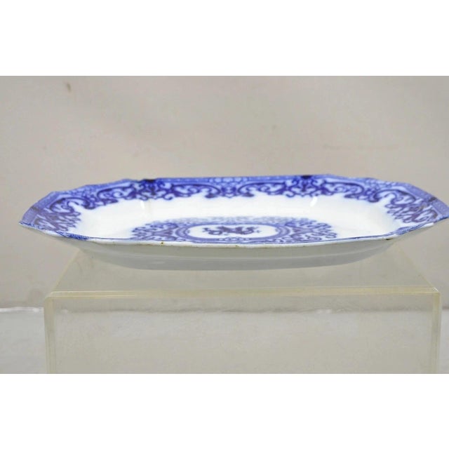 Chinoiserie Antique Flow Blue and White Transferware Ironstone Platter Dish W Chinese Dragon For Sale - Image 3 of 12