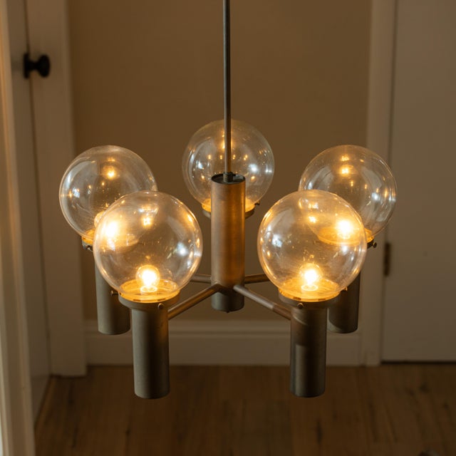 1960s Robert Long 5-Light Solid Brass & Hand-Blown Glass Chandelier, California Modern For Sale - Image 11 of 14