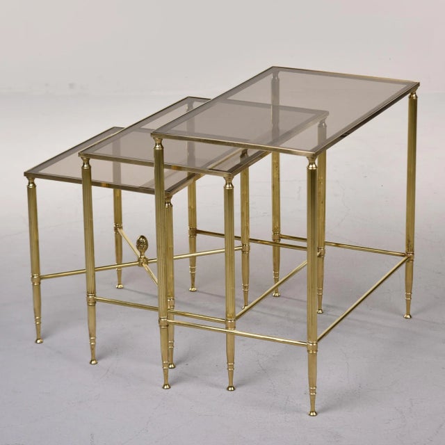Brass Mid Century Brass and Glass Neoclassical Style Nesting Tables - Set of Three For Sale - Image 8 of 12