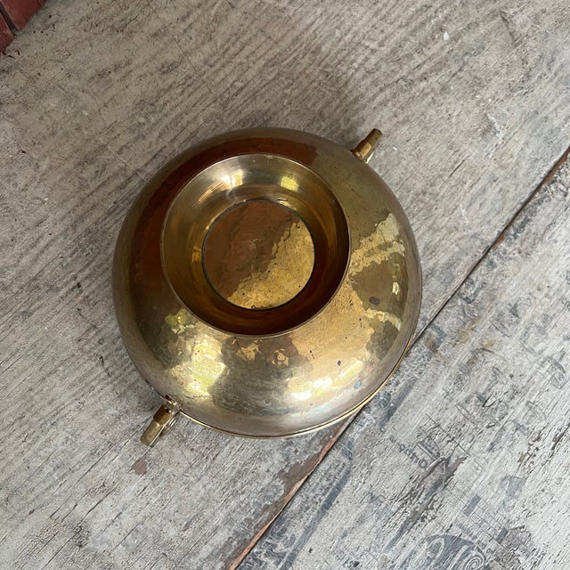 Metal Vintage Hammered Brass Footed Compote Bowl With Handles For Sale - Image 7 of 8