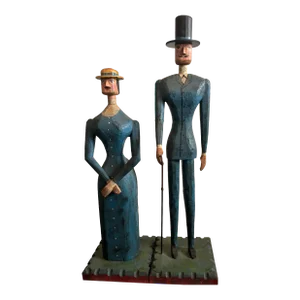 Curtis Jere, Hand Carved Painted Wood Folk Art Americana Sculpture Pair American Gothic, 1982