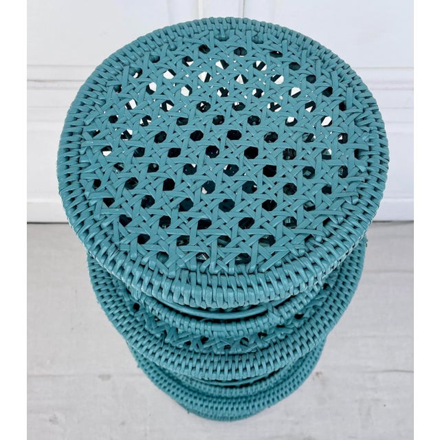 Teal 1970s Set of 3 Wicker Rattan Cane Woven Teal Blue Pedestal Stools For Sale - Image 8 of 10