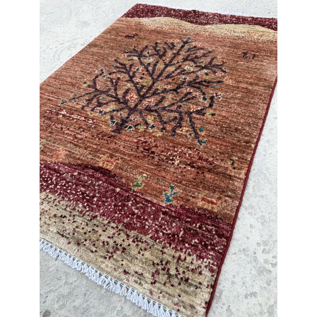 Dark Green Terracotta Afghan Gabbeh Tree of Life Rug, 02'00 X 03'00 For Sale - Image 8 of 11