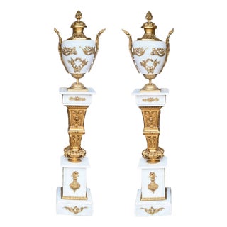 Louis XVI Revival Pedestals with Marble Ormolu Urns, Set of 2 For Sale