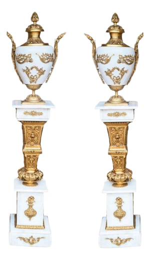 Louis XVI Revival Pedestals with Marble Ormolu Urns, Set of 2