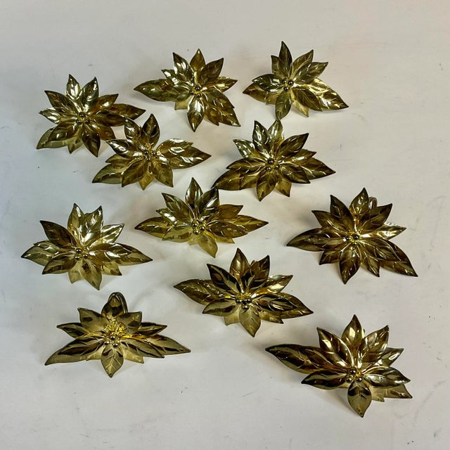 1970s Vintage Americana Traditional Brass Poinsettia Napkin Rings - Set of 11, Christmas For Sale - Image 4 of 8