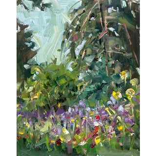Kathy's Garden by Carol Jenkins | Oil on panel Garden scene with colorful flowers and greenery. For Sale
