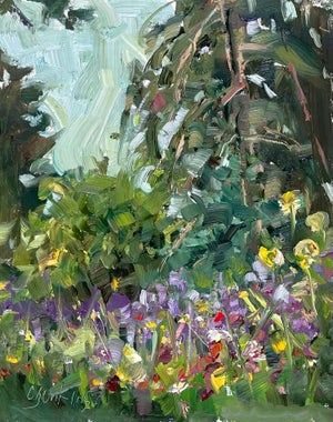 Kathy's Garden by Carol Jenkins | Oil on panel Garden scene with colorful flowers and greenery.