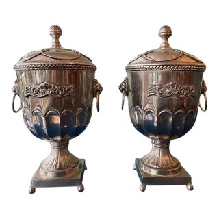 Late 19th Century Pair of Footed Antique Silver Plated Urns With Lion's Head Handles For Sale