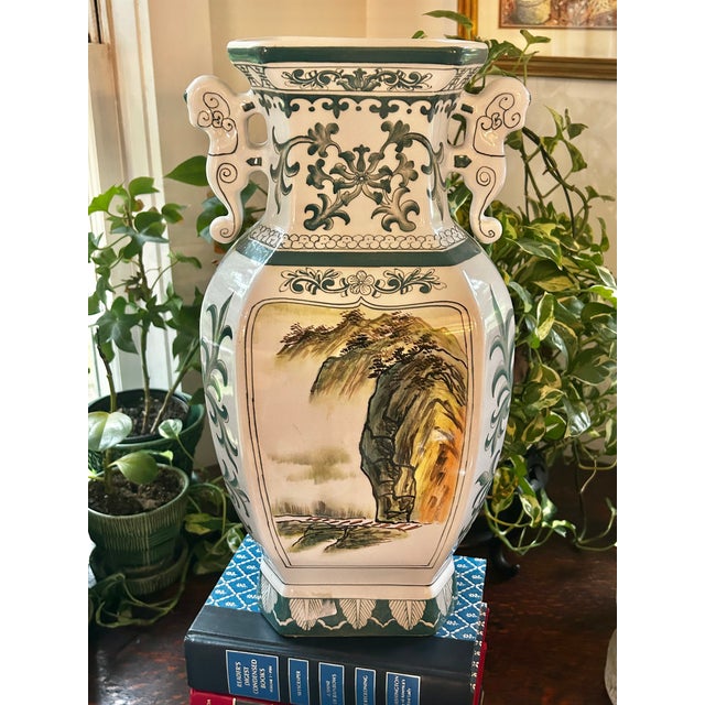 Japanese 1970’s Andrea by Sadek Green and White Porcelain Chinoiserie Japanese Porcelain Scenic Vase 15.5” For Sale - Image 3 of 11