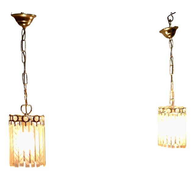 French Art Deco Etched Glass Ceiling Pendants, 1925, Set of 2 For Sale