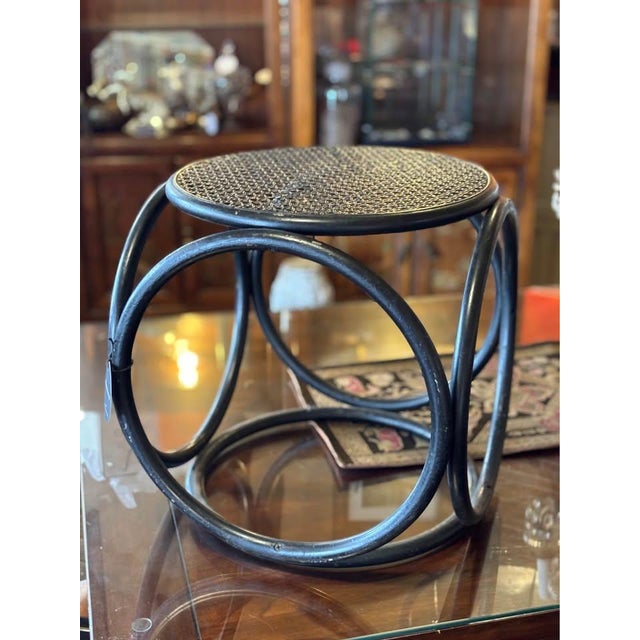 Mid-Century Modern Vintage Thonet Style Bentwood, Cane Top Stool or Ottoman For Sale - Image 3 of 6